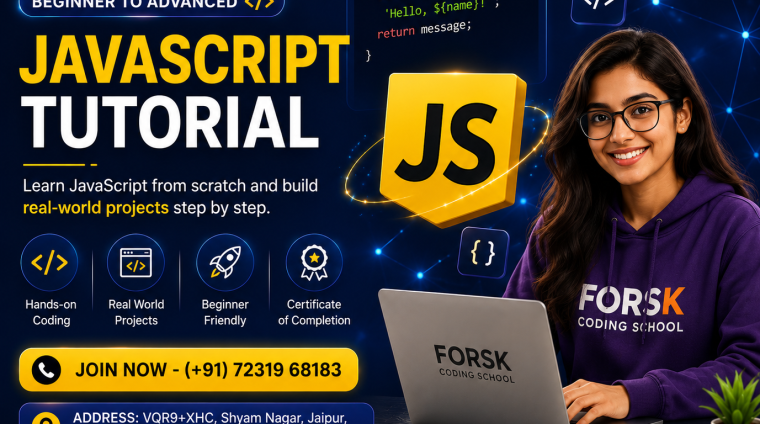 JavaScript Tutorial Course banner by Forsk Coding School Jaipur with React, Node.js and web development training
