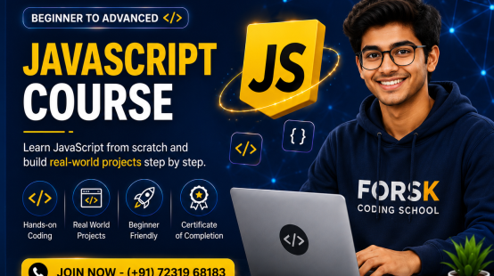 JavaScript Tutorial Course banner by Forsk Coding School Jaipur with React, Node.js and web development training