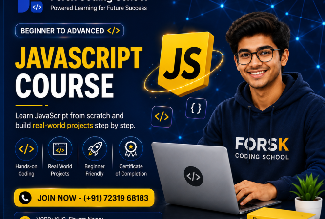 JavaScript Tutorial Course banner by Forsk Coding School Jaipur with React, Node.js and web development training