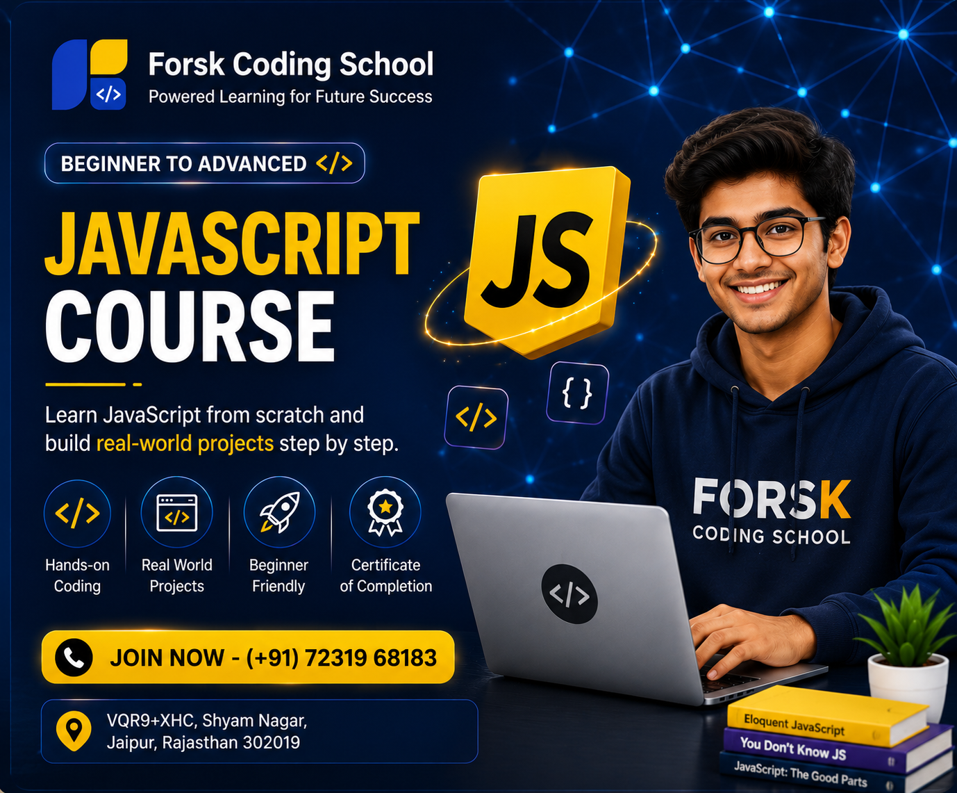 JavaScript Tutorial Course banner by Forsk Coding School Jaipur with React, Node.js and web development training