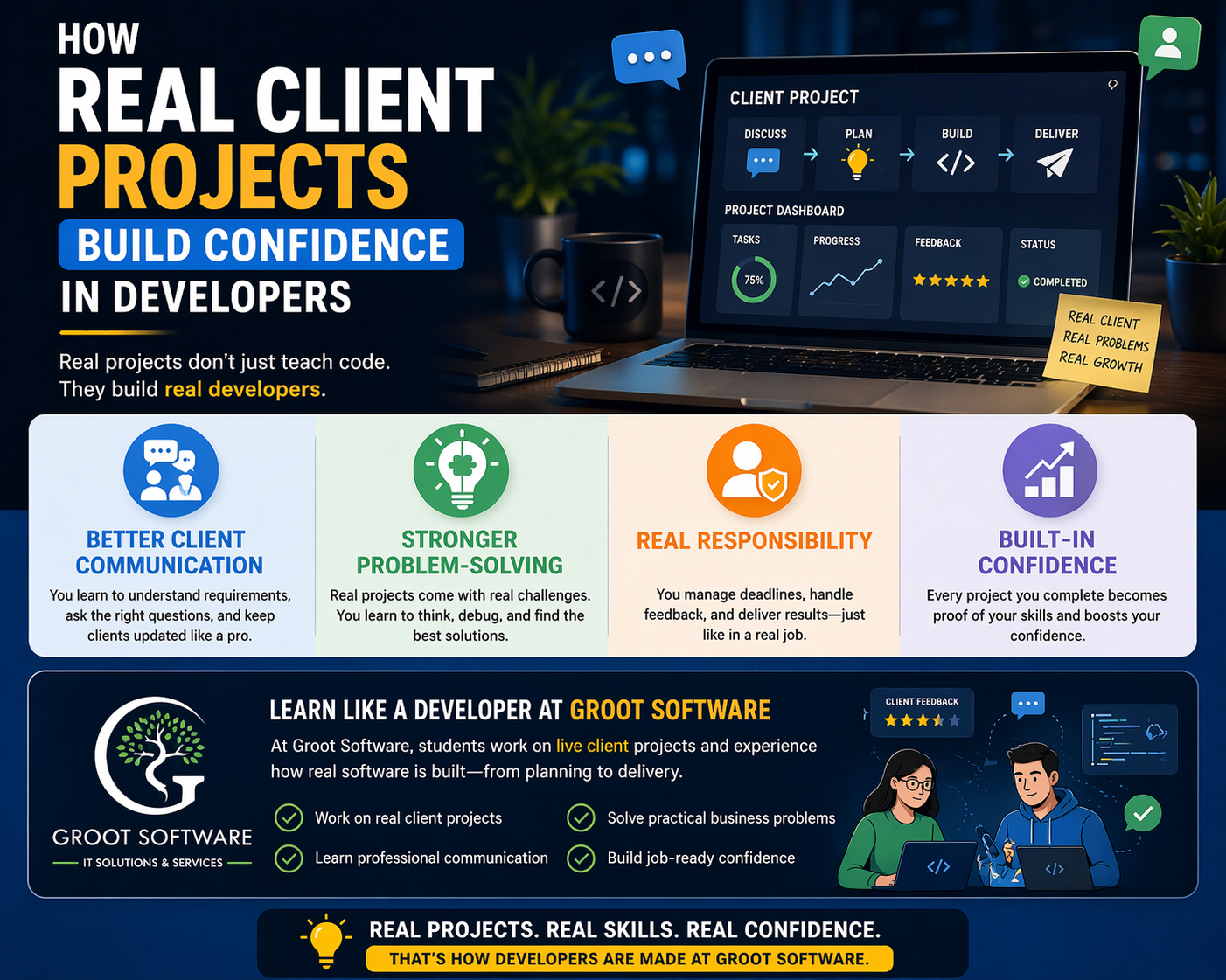 real client projects help developers build confidence through communication and problem solving