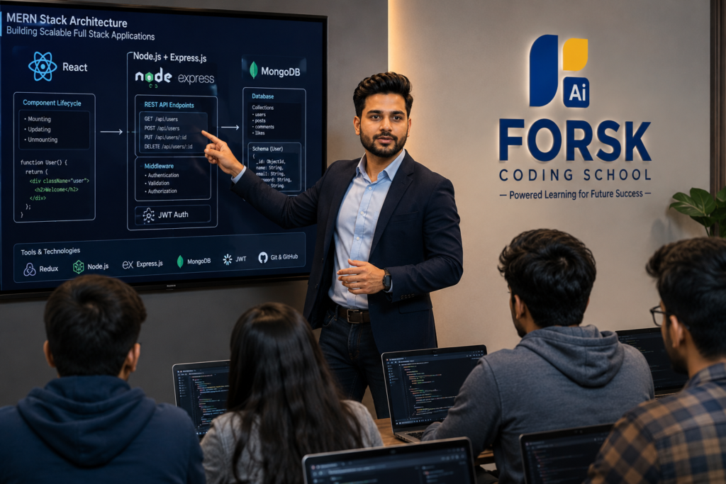 Aarav Raj Singh teaching MERN Stack development to students at Forsk Coding School Jaipur classroom