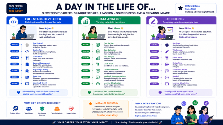 day in the life of full stack developer data analyst UI designer workflow comparison