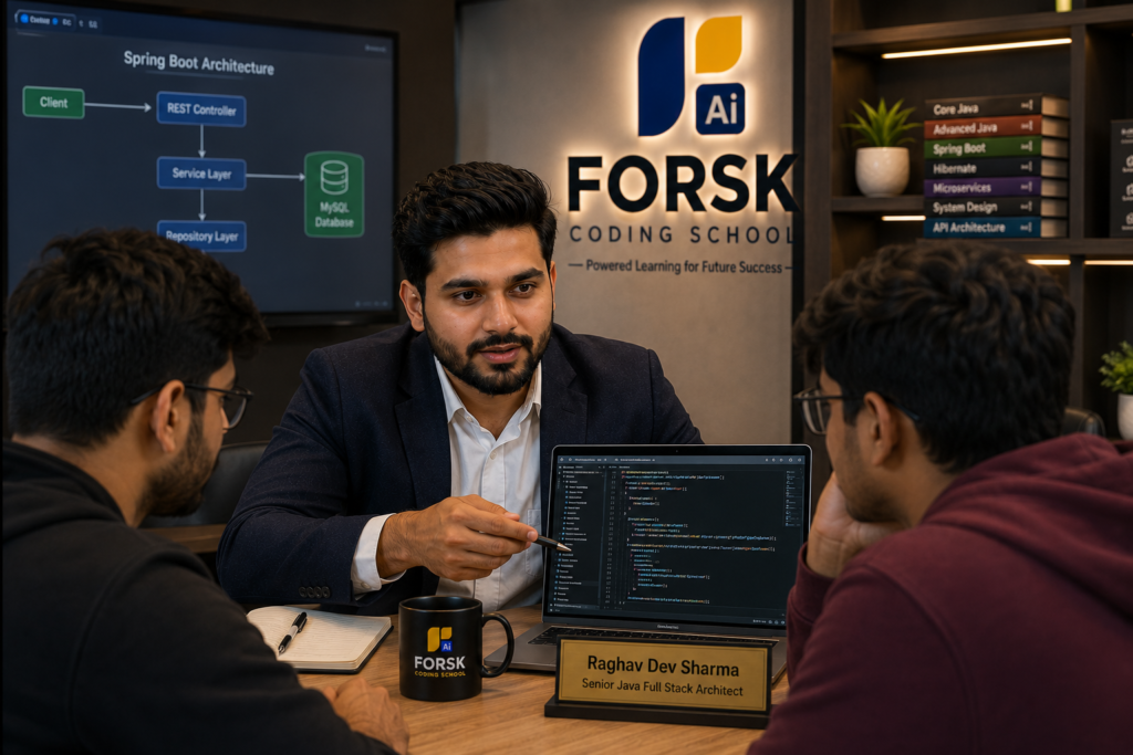 Raghav Dev Sharma mentoring students during Java Full Stack Spring Boot debugging session at Forsk Coding School Jaipur