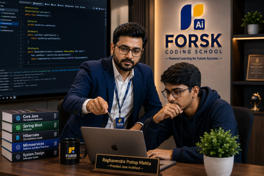 Raghavendra Pratap Mehta mentoring Java Full Stack student during Spring Boot debugging session at Forsk Coding School Jaipur