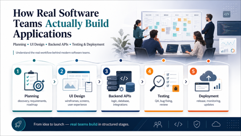real software team workflow planning UI backend testing deployment